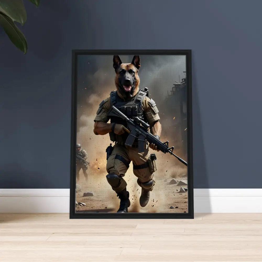 Framed dog soldier art on canvas titled Battlehound Vanguard from PixiOnyx Urban Elite