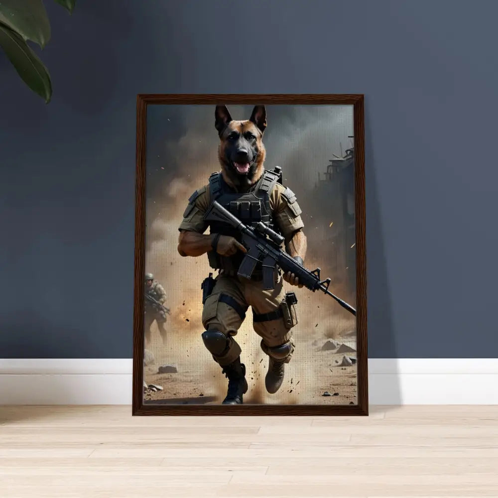 Framed dog soldier art on canvas for PixiOnyx Urban Elite Battlehound Vanguard decor