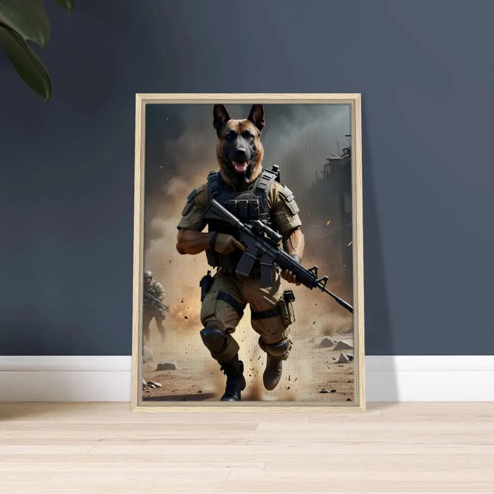 Framed military dog artwork displayed on PixiOnyx Urban Elite Canvas Battlehound Vanguard