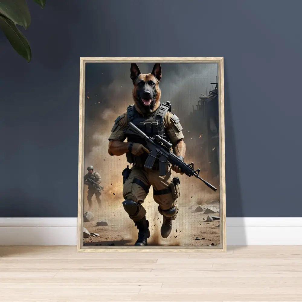 Framed artwork of a dog soldier displayed on the PixiOnyx Urban Elite Canvas titled Battlehound Vanguard