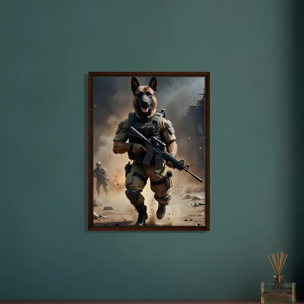 Framed Dog Soldier Art Canvas displayed in PixiOnyx Urban Elite Battlehound Vanguard product