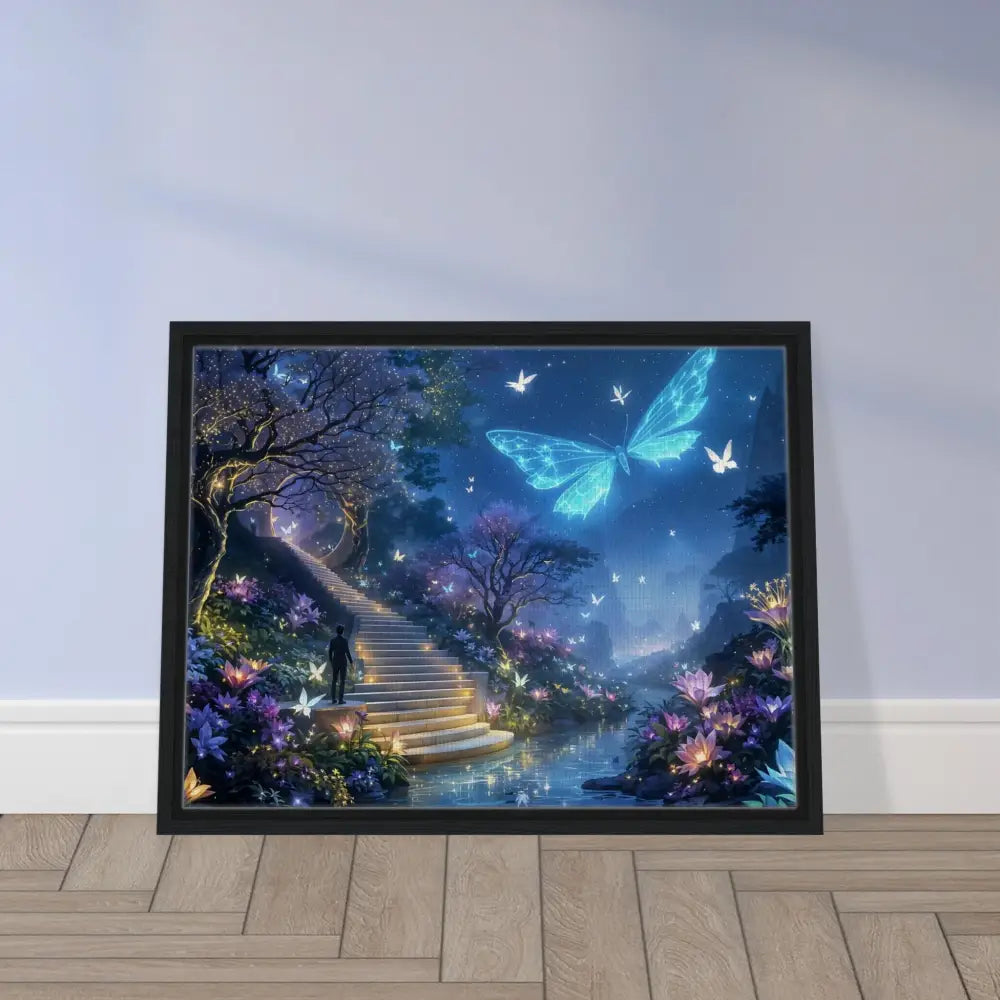 Framed fantasy art print from PixiOnyx Biolumina The Valley Beyond Canvas displaying a mystical landscape
