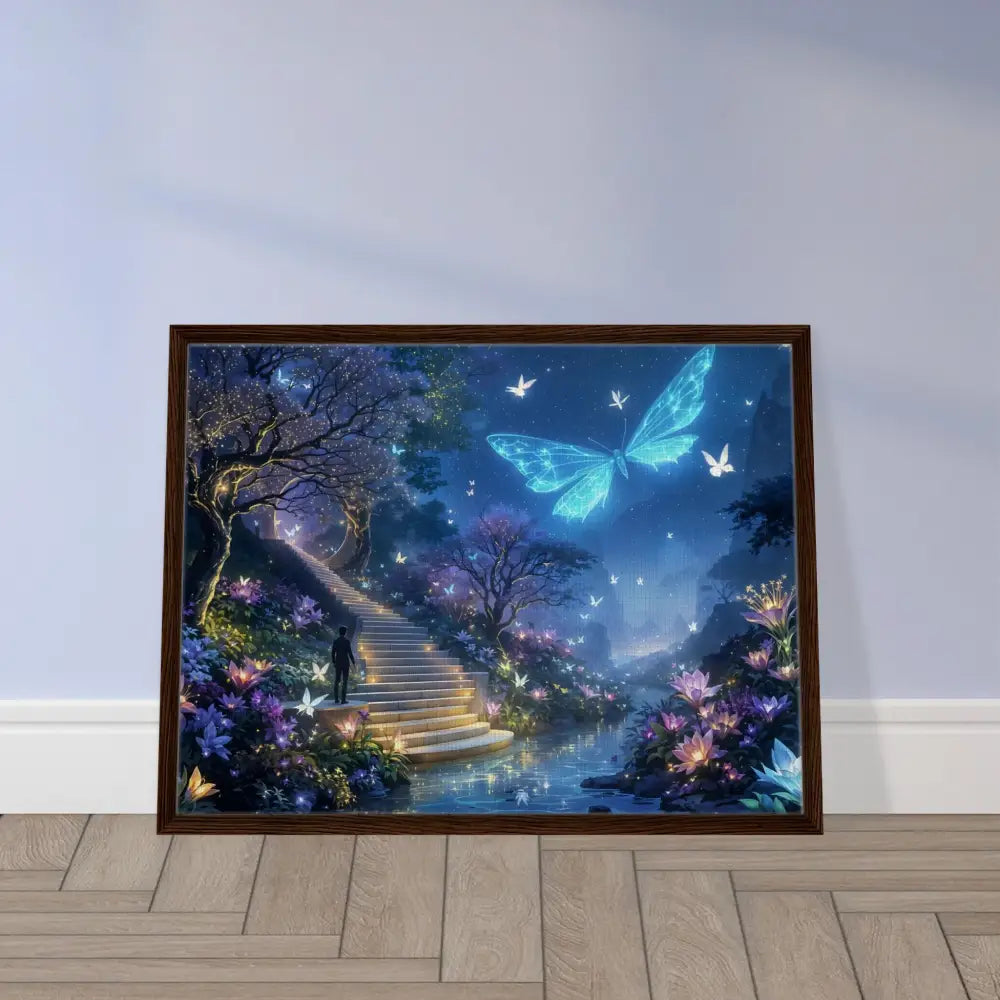 Framed fantasy landscape art titled Biolumina The Valley Beyond displayed in PixiOnyx Canvas