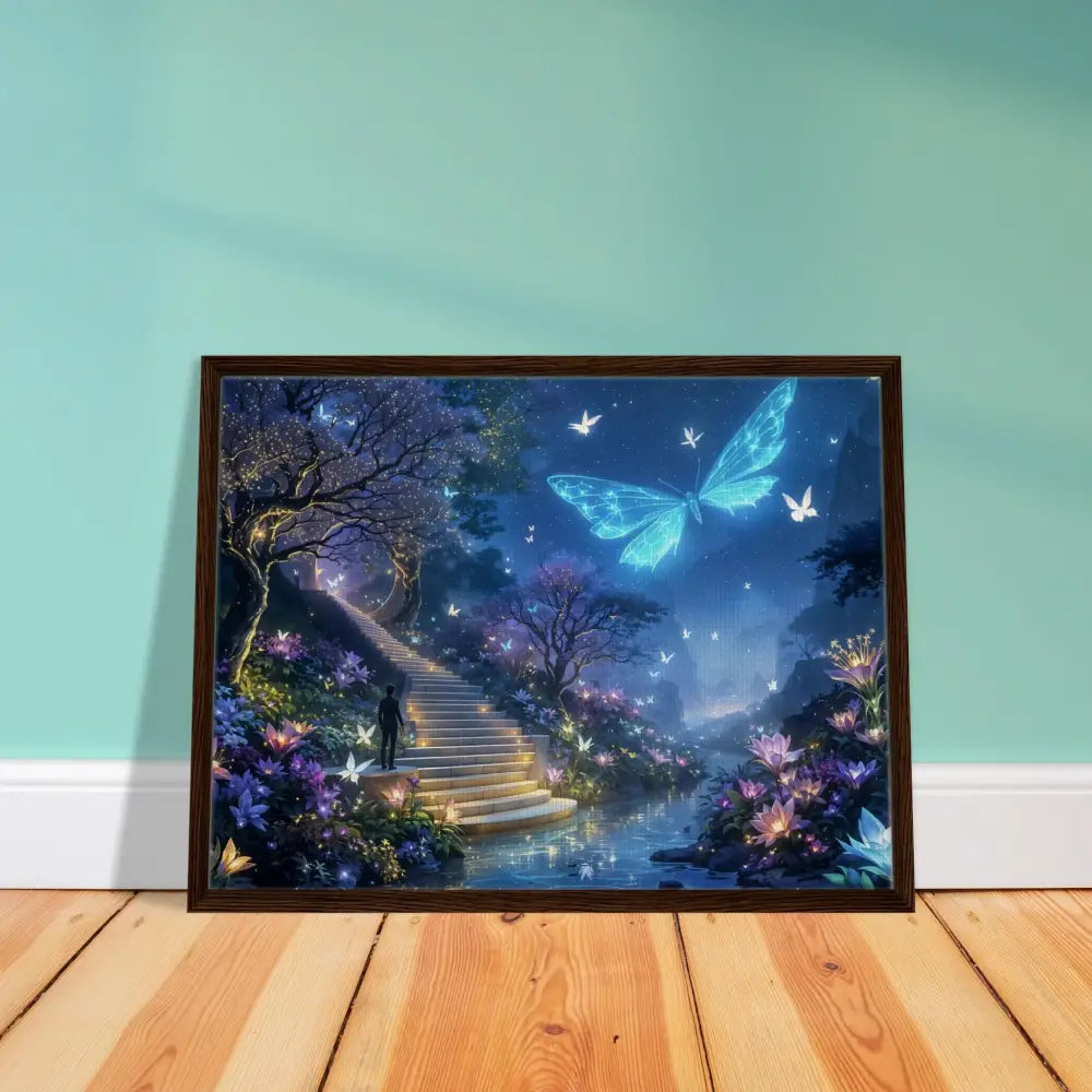Framed butterfly fantasy art on PixiOnyx Biolumina The Valley Beyond canvas