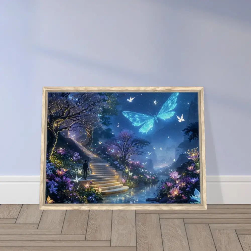 Framed fantasy art print of Biolumina The Valley Beyond displayed in PixiOnyx Canvas