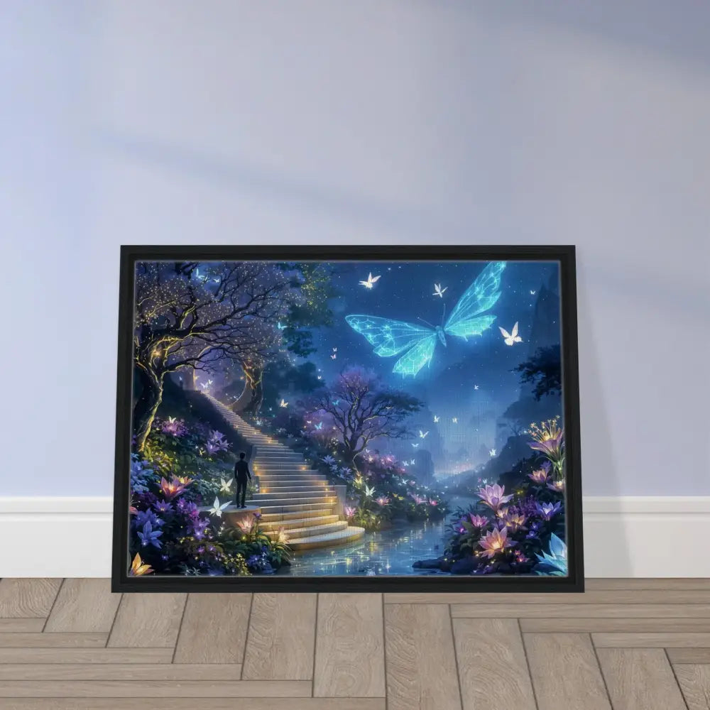 Framed fantasy art print from PixiOnyx Biolumina The Valley Beyond landscape display