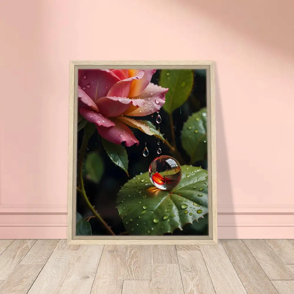 Framed Canvas Blush Reverie with botanical rose and water droplet art