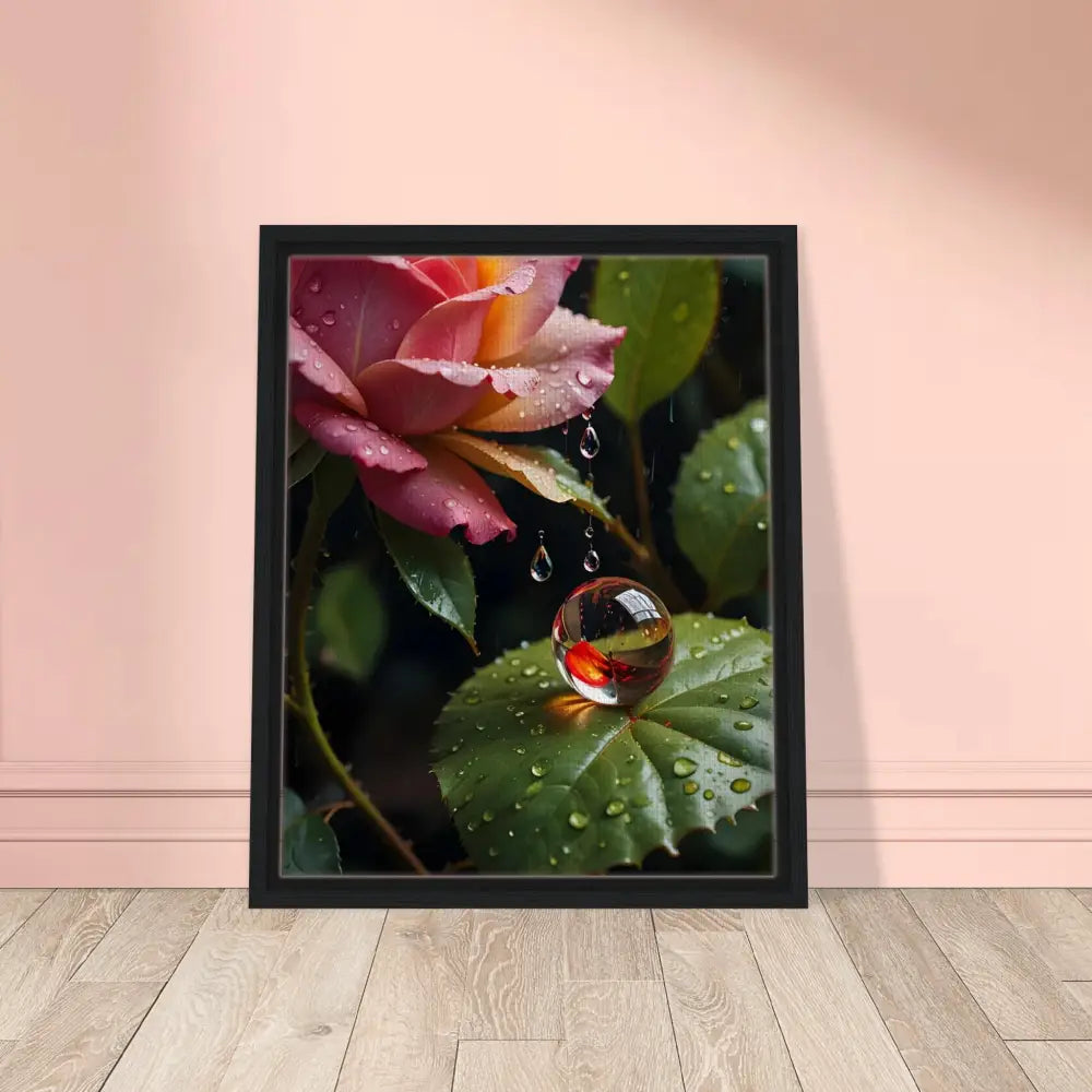 Framed canvas showcasing a blush rose and water droplet botanical print for elegant decor