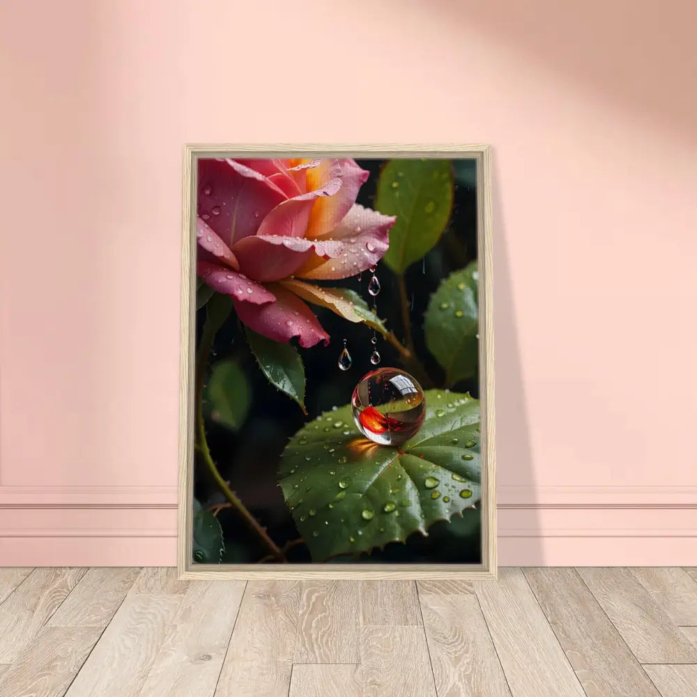 Framed Canvas Blush Reverie with rose and water droplet botanical artwork