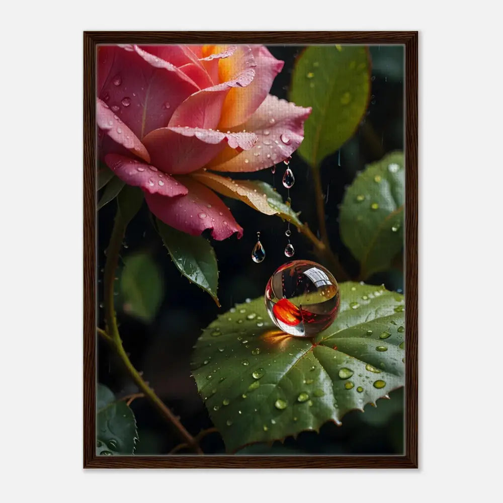 Framed Canvas Blush Reverie with rose and water droplet botanical art