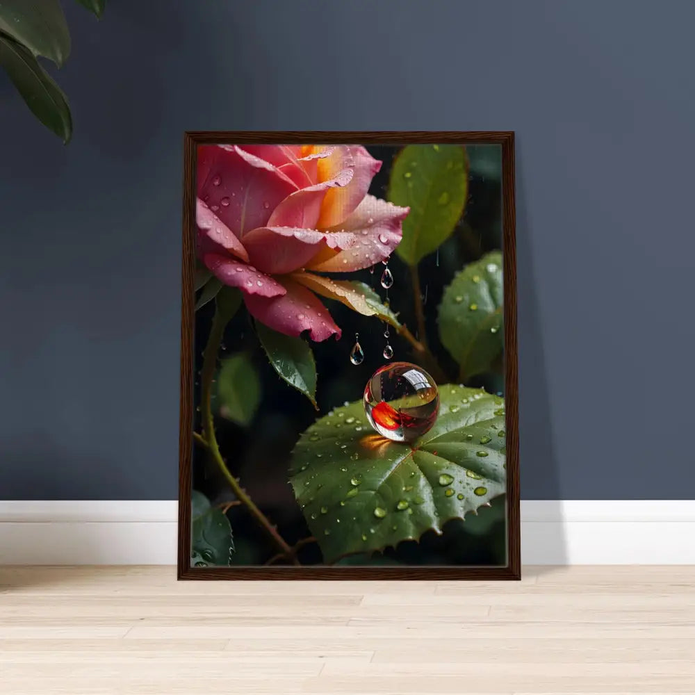 Framed canvas art of a rose with water droplets, titled Blush Reverie by PixiOnyx Botanical Daydream