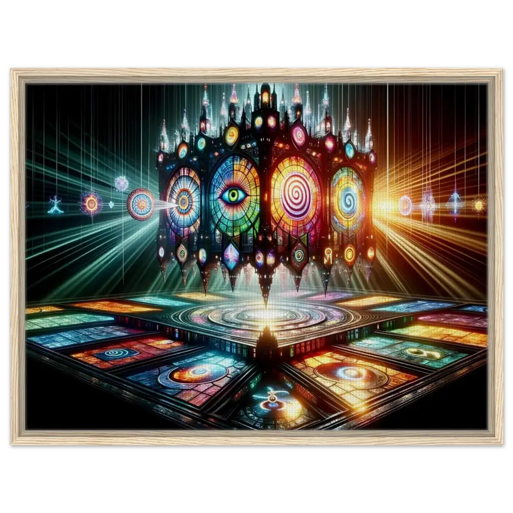Framed psychedelic stained-glass structure in PixiOnyx Sacred Geometry Frame