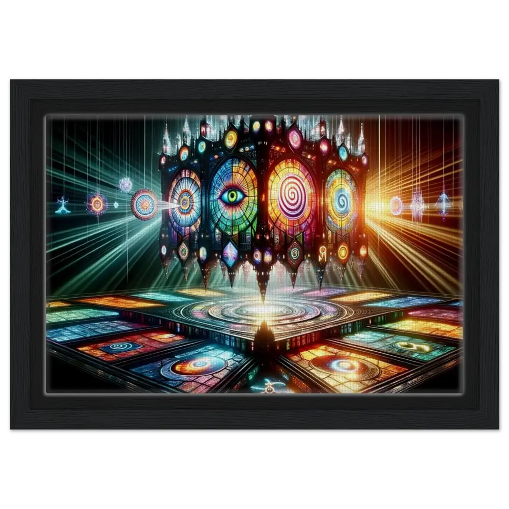 Framed psychedelic stained-glass artwork from PixiOnyx Sacred Geometry Frame product