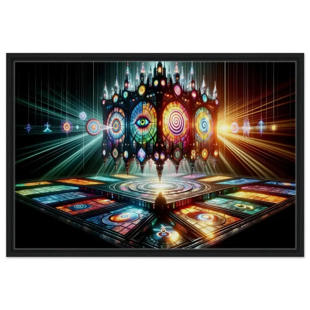 Ornate stained-glass structure on Framed Canvas Cathedral of the Mind’s Eye PixiOnyx