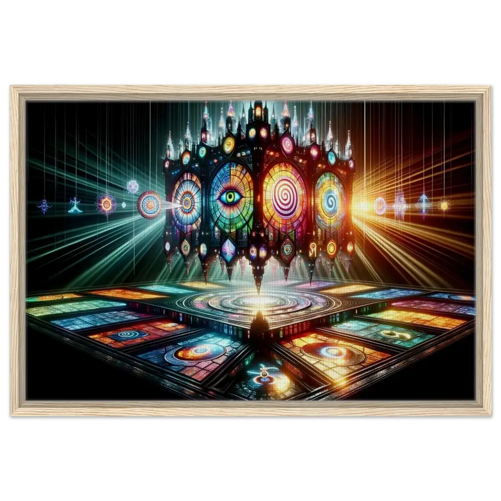 Framed psychedelic stained-glass structure from PixiOnyx Sacred Geometry Canvas masterpiece