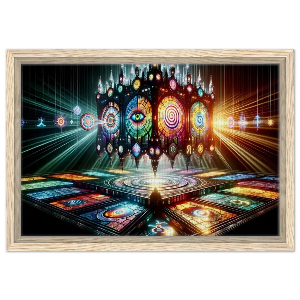 Framed psychedelic cathedral artwork on PixiOnyx Sacred Geometry Canvas Frame