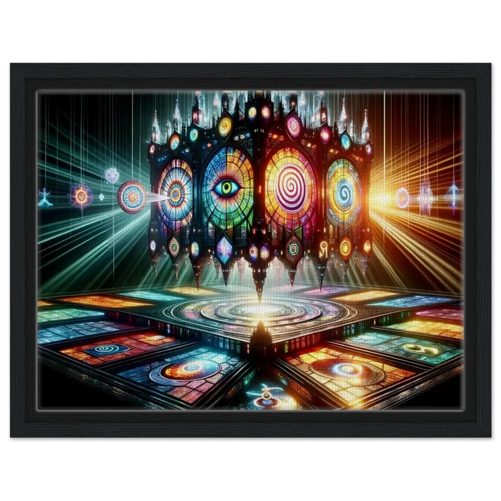 Framed psychedelic stained-glass temple artwork in PixiOnyx Sacred Geometry Frame