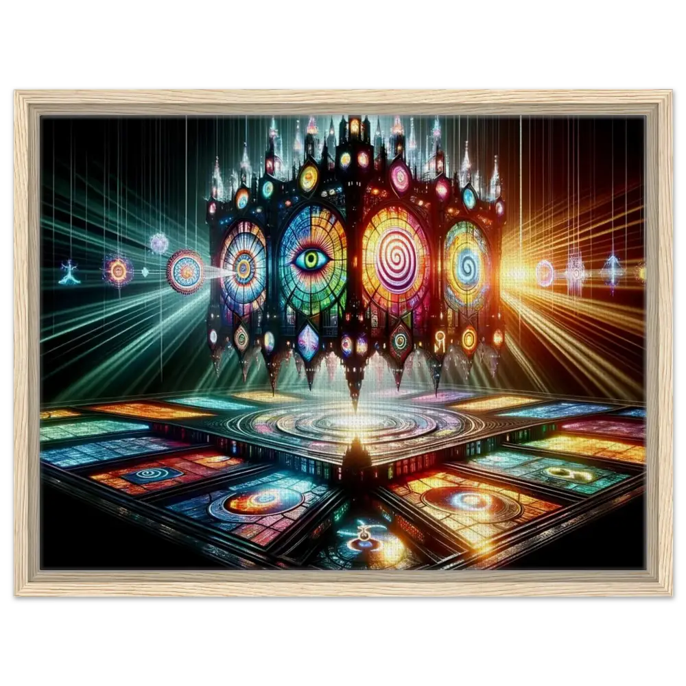 Framed psychedelic stained-glass structure from PixiOnyx Sacred Geometry Frame product