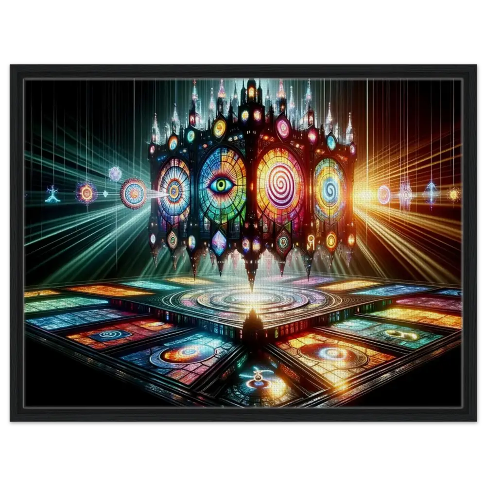 Ornate stained-glass cathedral displayed on Framed Canvas Cathedral of the Minds Eye in Sacred Geometry Frame