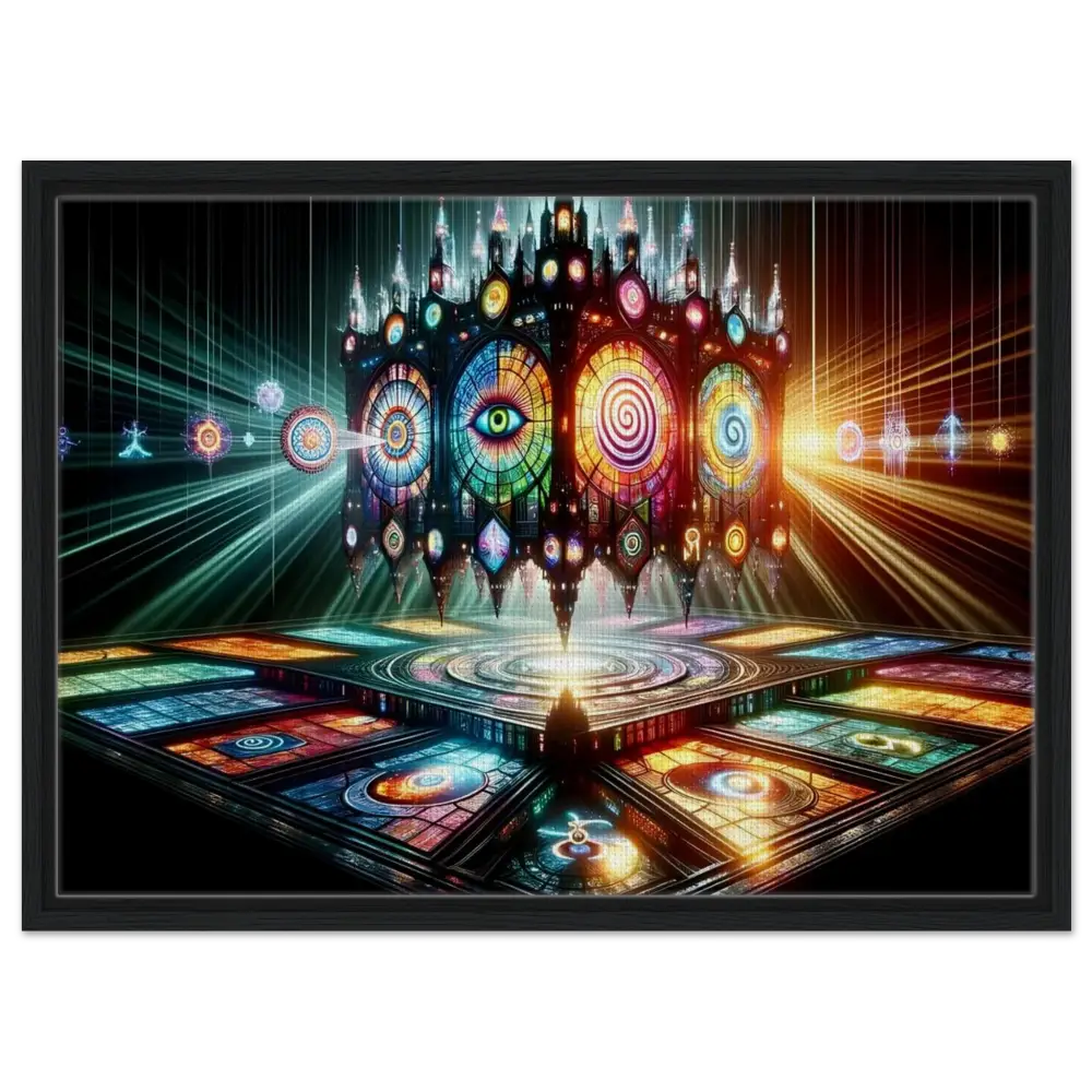 Ornate stained-glass cathedral displayed in framed canvas featuring Sacred Geometry design