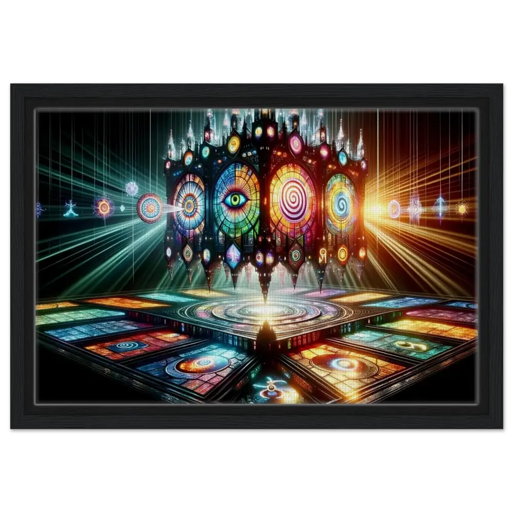 Framed psychedelic stained-glass temple artwork on PixiOnyx Sacred Geometry Frame