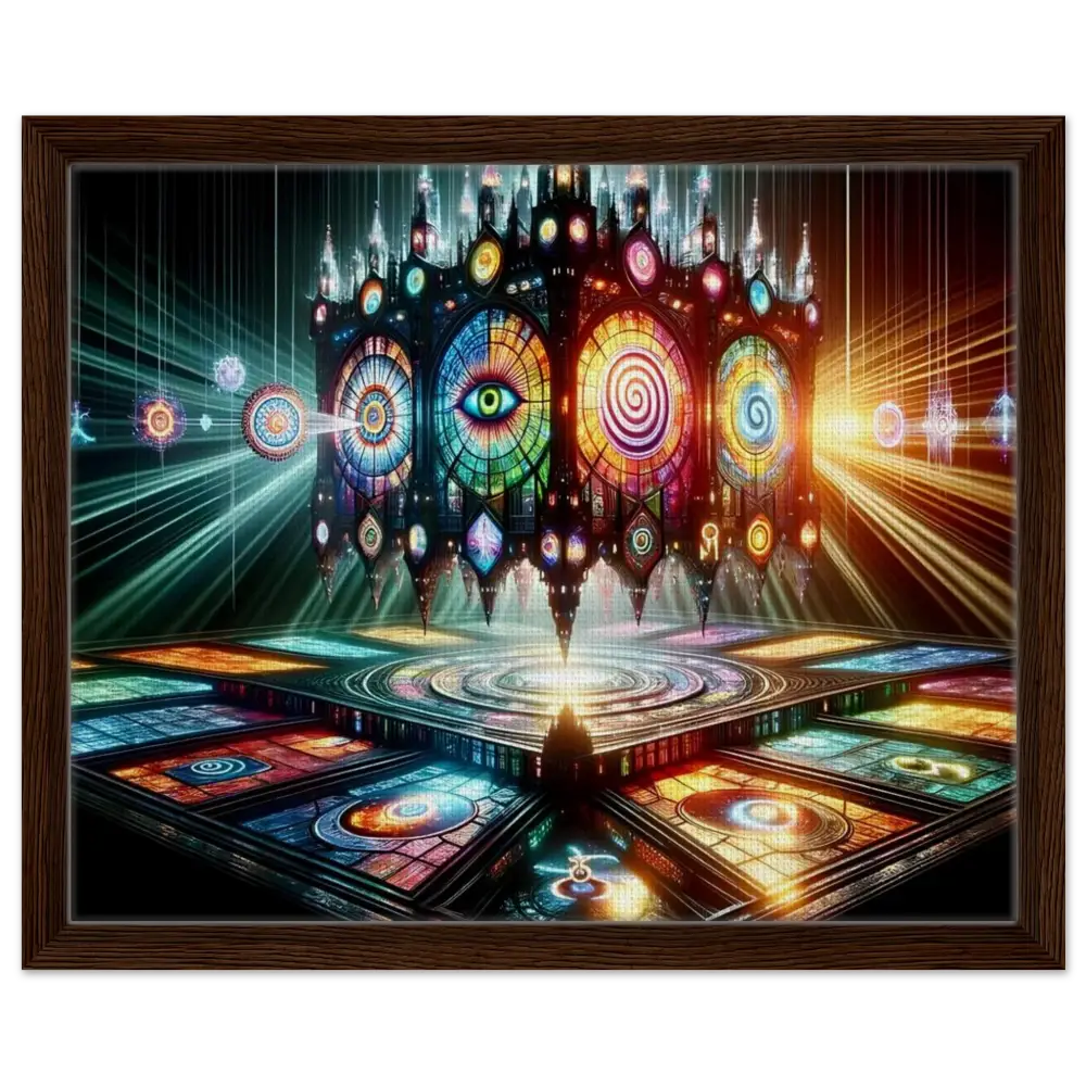 Framed psychedelic stained-glass artwork titled Cathedral of the Mind’s Eye by PixiOnyx
