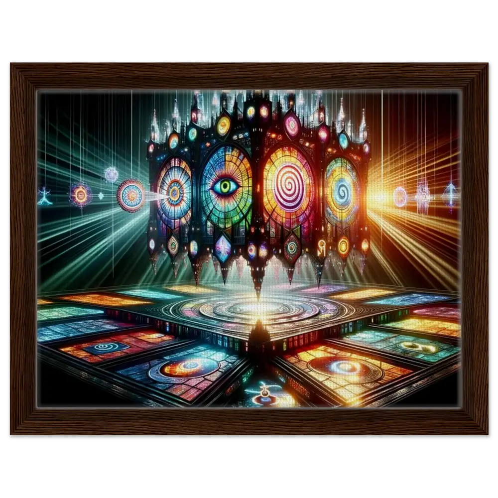 Framed psychedelic stained-glass cathedral artwork in PixiOnyx Sacred Geometry Frame