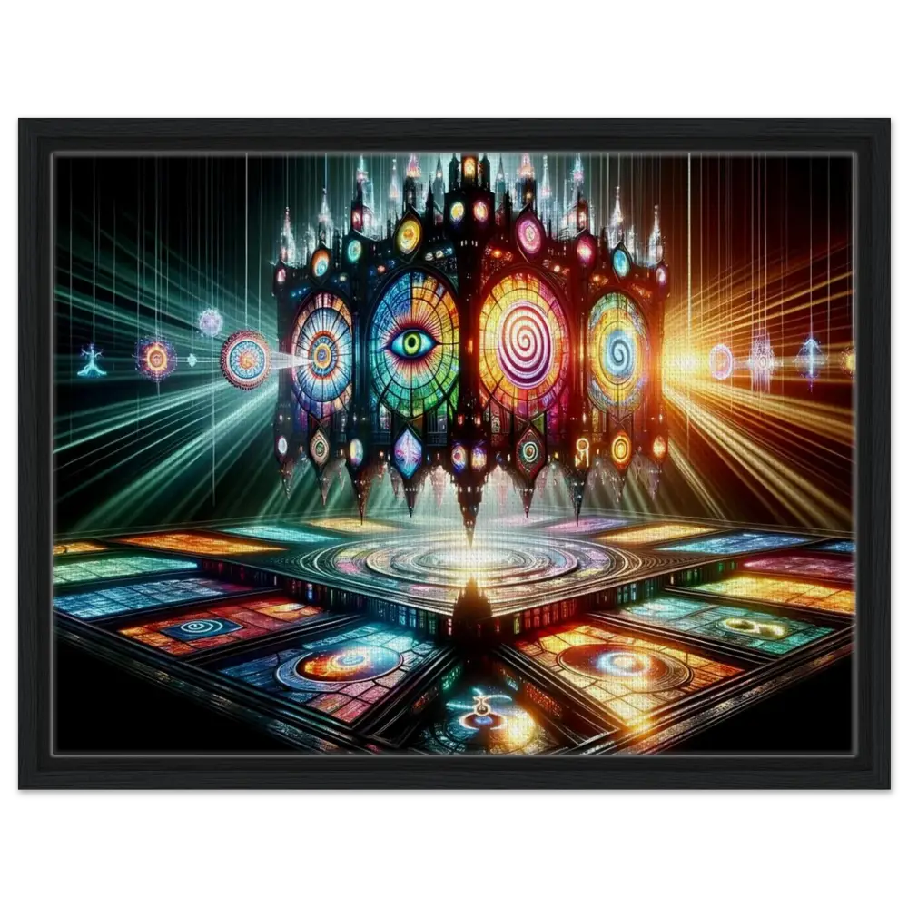 Colorful stained-glass cathedral displayed in Framed Canvas Cathedral of the Mind’s Eye PixiOnyx Frame
