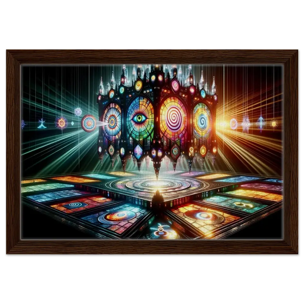 Framed psychedelic stained-glass artwork titled Cathedral of the Mind’s Eye in PixiOnyx Sacred Geometry Frame