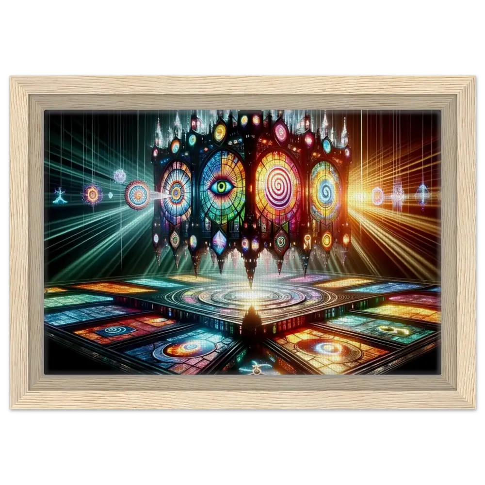 Framed Psychedelic Stained-Glass Artwork in Sacred Geometry Frame for Cathedral of the Minds Eye