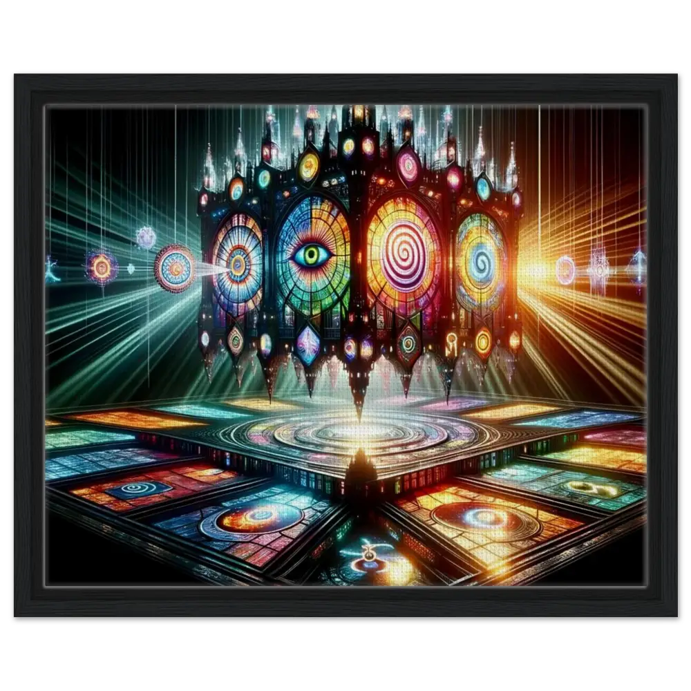 Colorful stained-glass structure in Framed Canvas Cathedral of the Minds Eye PixiOnyx