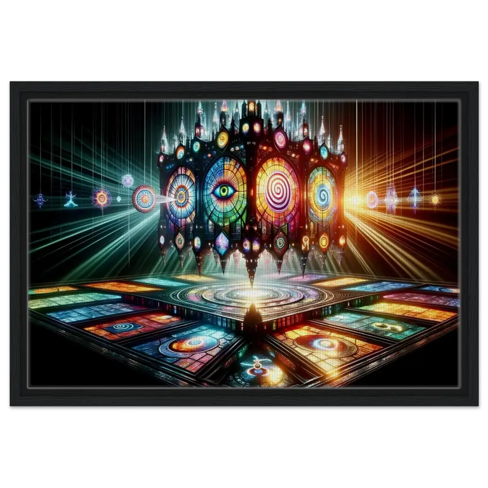 Ornate stained-glass structure framed in PixiOnyx Sacred Geometry Frame for Cathedral of the Minds Eye