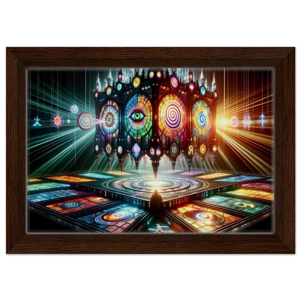 Framed psychedelic stained-glass artwork titled Cathedral of the Mind’s Eye by PixiOnyx