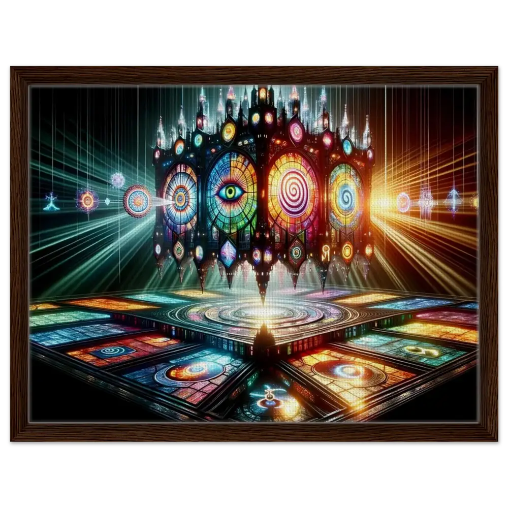 Framed psychedelic stained-glass artwork in PixiOnyx Sacred Geometry Frame