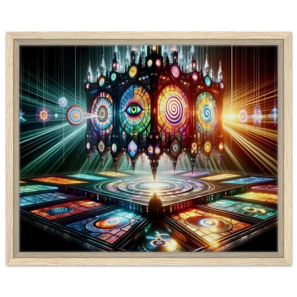 Ornate stained-glass cathedral artwork in PixiOnyx Sacred Geometry Frame