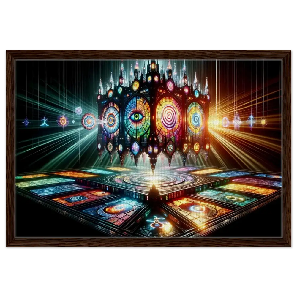 Framed psychedelic stained-glass structure from PixiOnyx Sacred Geometry Frame product