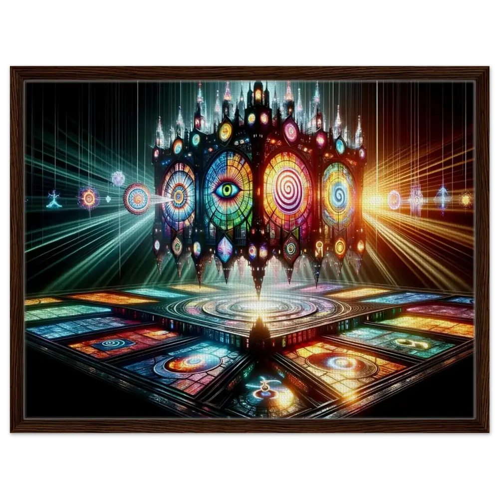 Framed psychedelic stained-glass cathedral artwork in PixiOnyx Sacred Geometry Frame