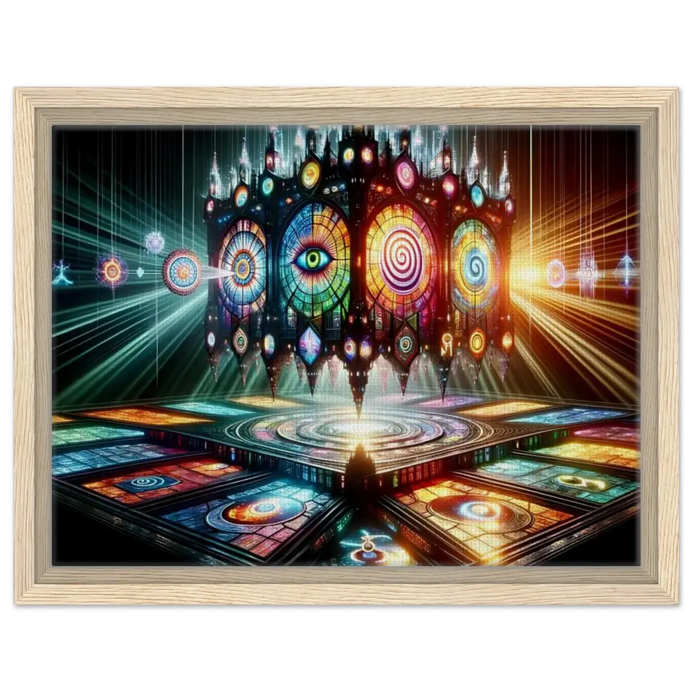 Framed psychedelic stained-glass cathedral artwork in PixiOnyx Sacred Geometry Frame