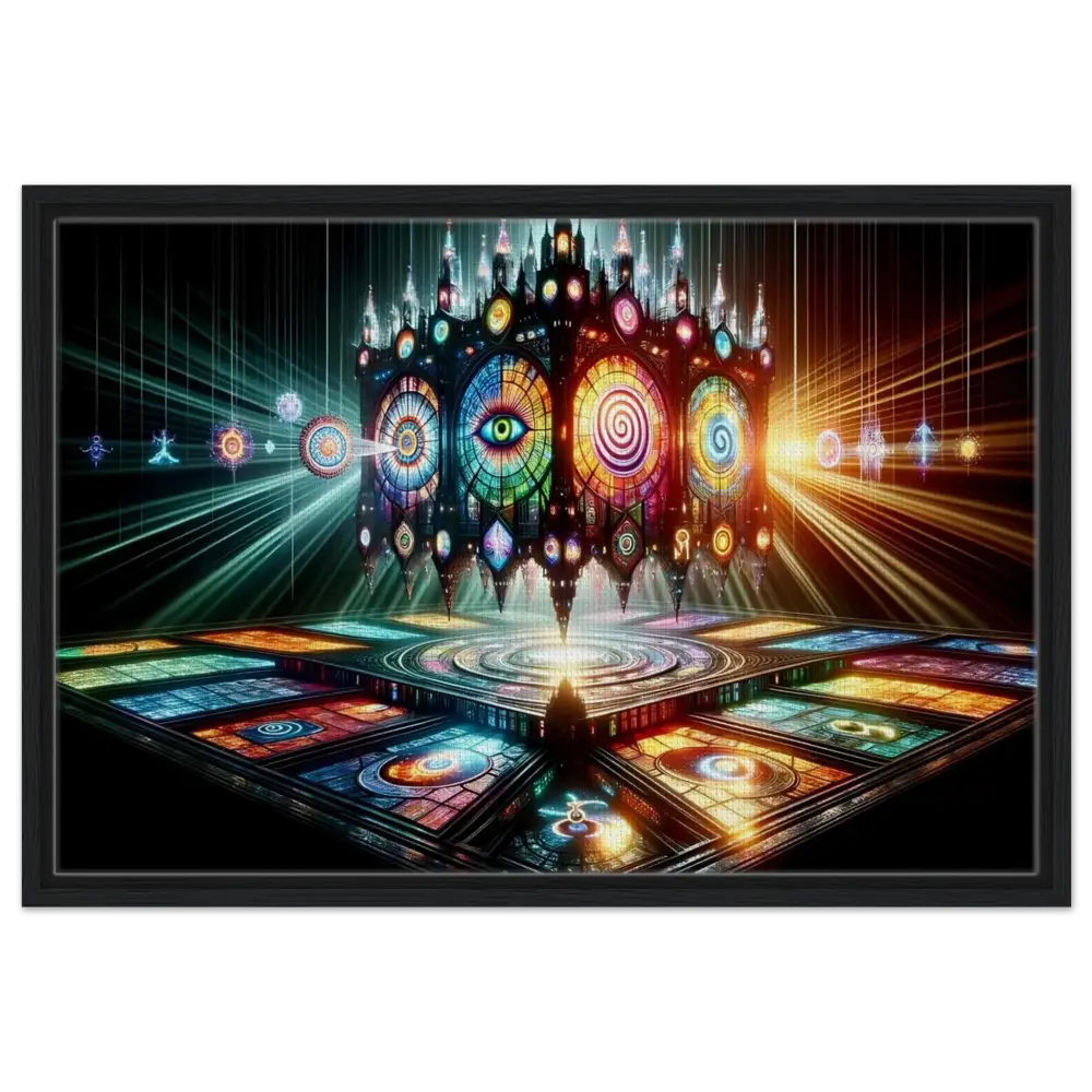 Intricate stained-glass cathedral framed as Framed Canvas – Cathedral of the Mind’s Eye