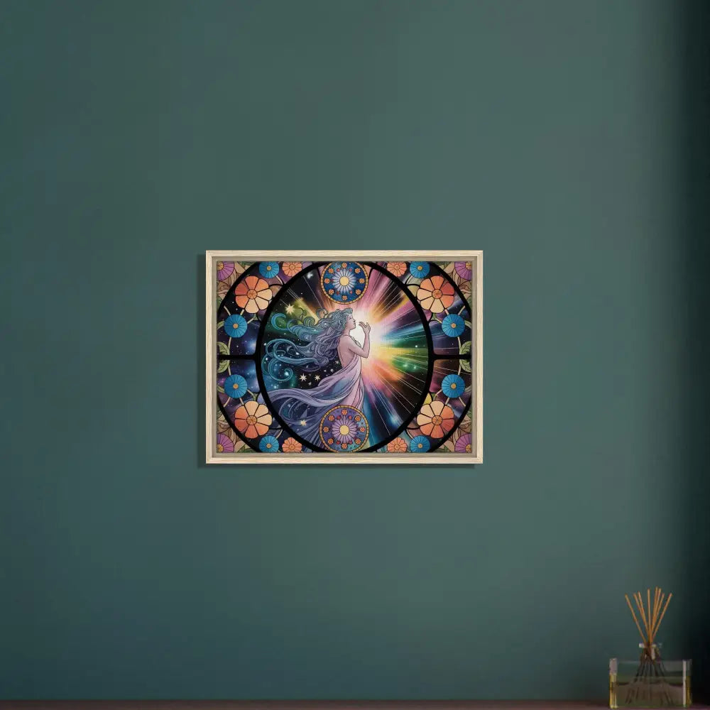 Framed celestial woman art on PixiOnyx Luxe Starlight Panel canvas display