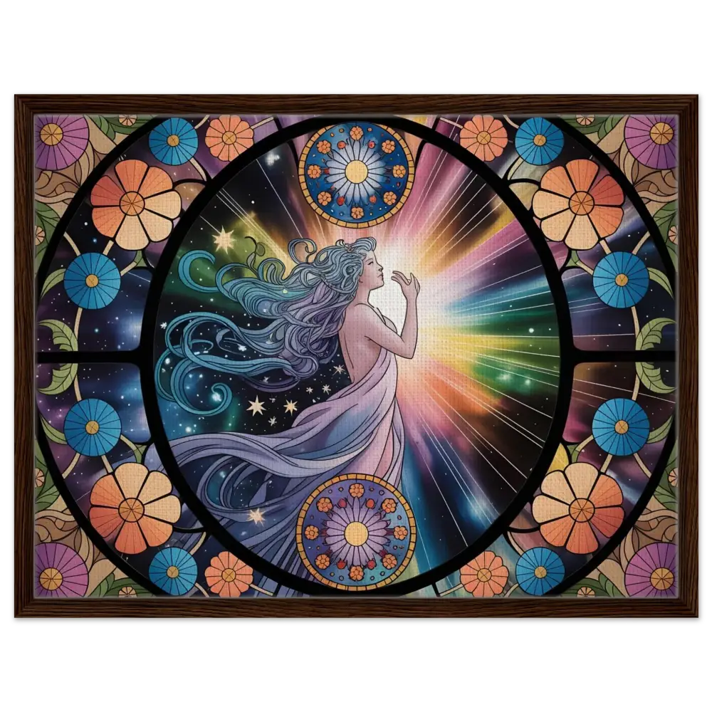 Framed stained glass art titled Celestial Bloom on PixiOnyx Luxe Starlight Panel
