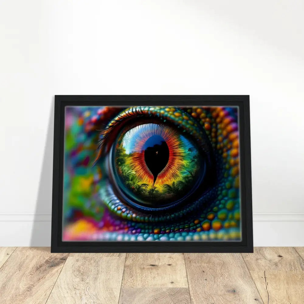 Framed chameleon eye art on canvas in PixiOnyx Hypnotic Gaze product display