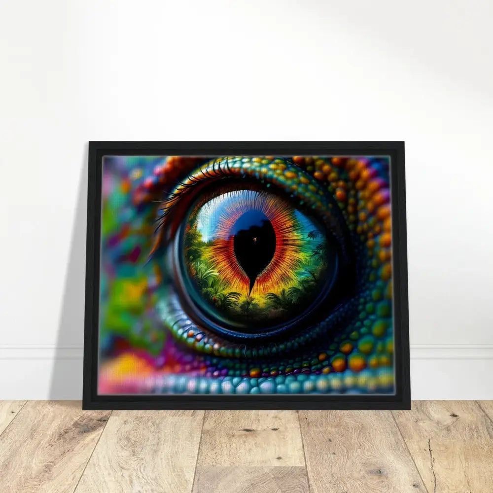 Framed Chameleon Eye Art displayed in PixiOnyx Hypnotic Gaze Canvas print