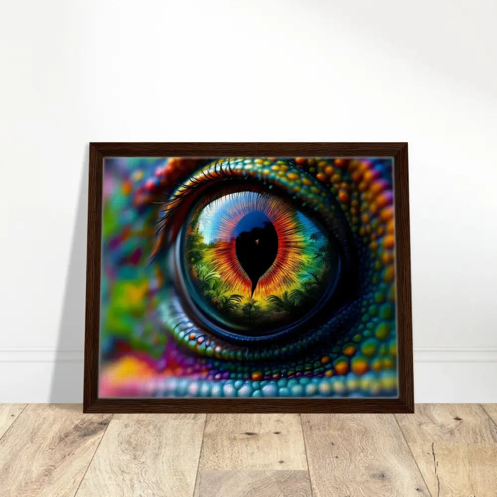 Framed Canvas Chameleon’s Prism showcasing hypnotic gaze and vibrant eye art
