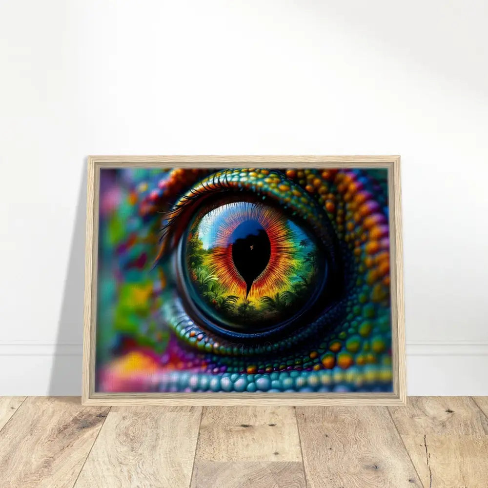 Framed Chameleon Eye Art displayed on PixiOnyx Hypnotic Gaze Canvas