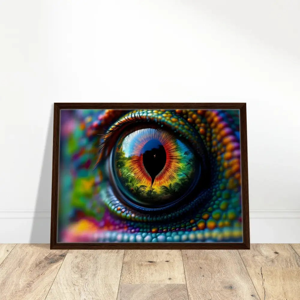 Framed Chameleon Eye Art displayed on PixiOnyx Hypnotic Gaze Canvas