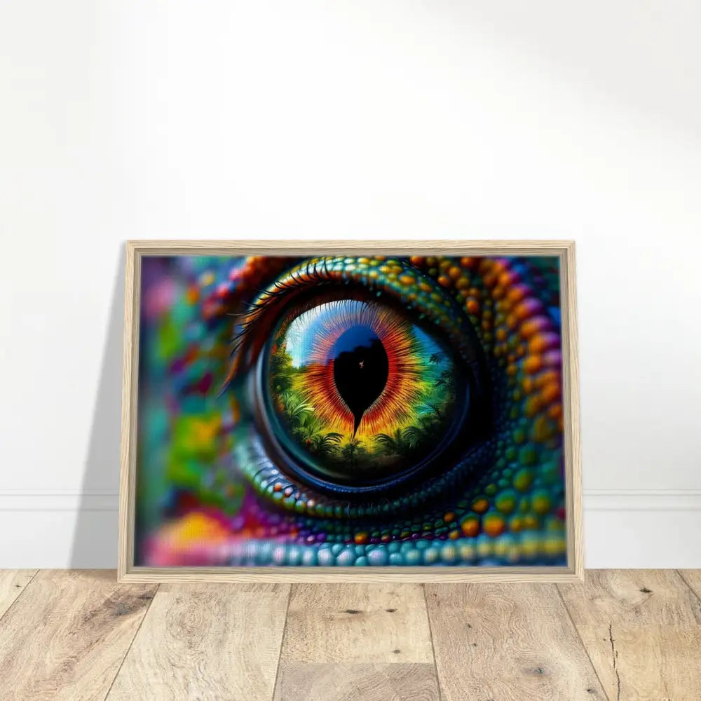 Framed chameleon eye art displayed on PixiOnyx Hypnotic Gaze Canvas