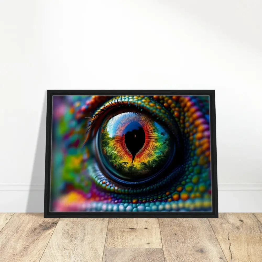 Framed canvas art of a chameleon eye with hypnotic gaze titled PixiOnyx Chameleons Prism