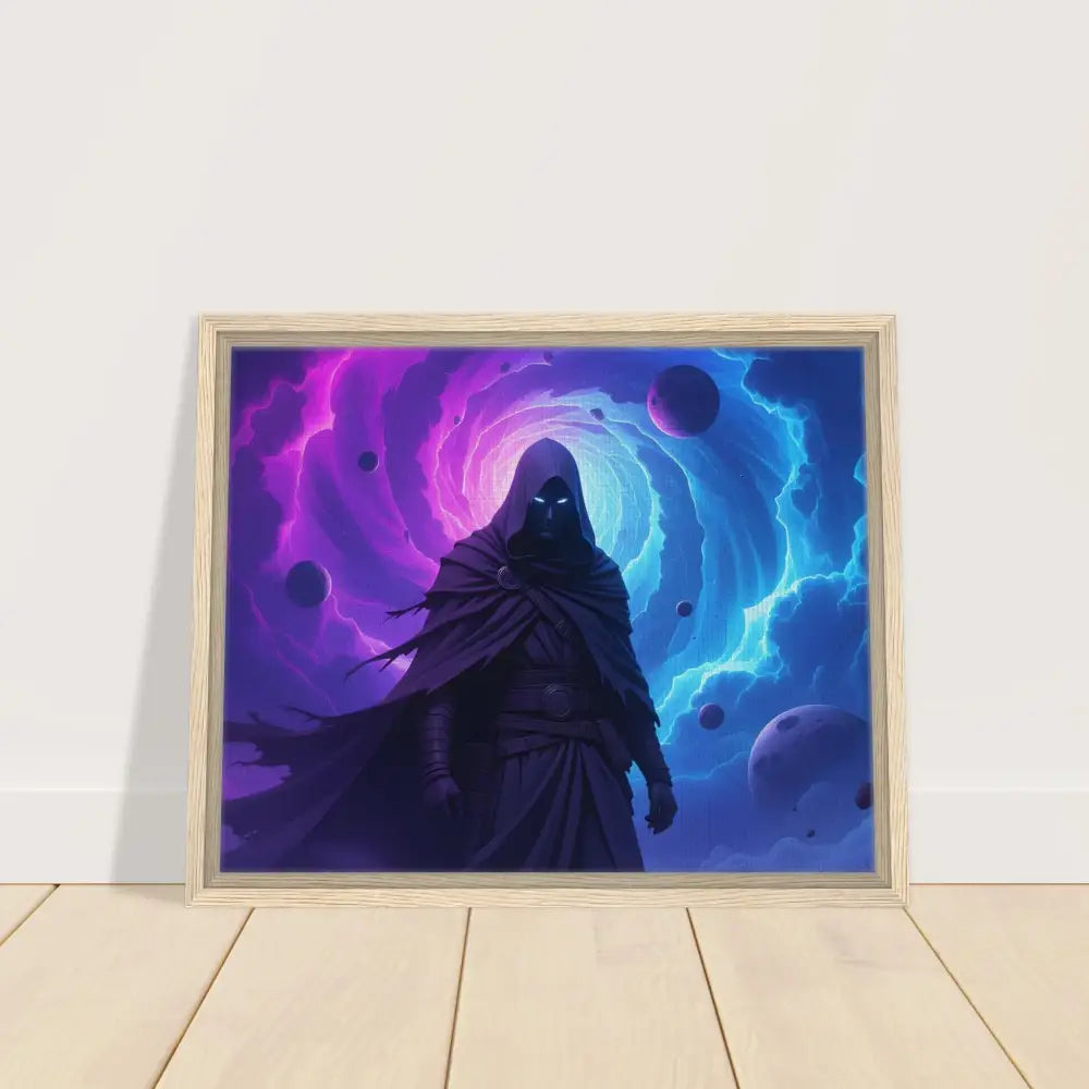 Framed cosmic sorcerer art on PixiOnyx Wall Art Cloaked Figure Canvas