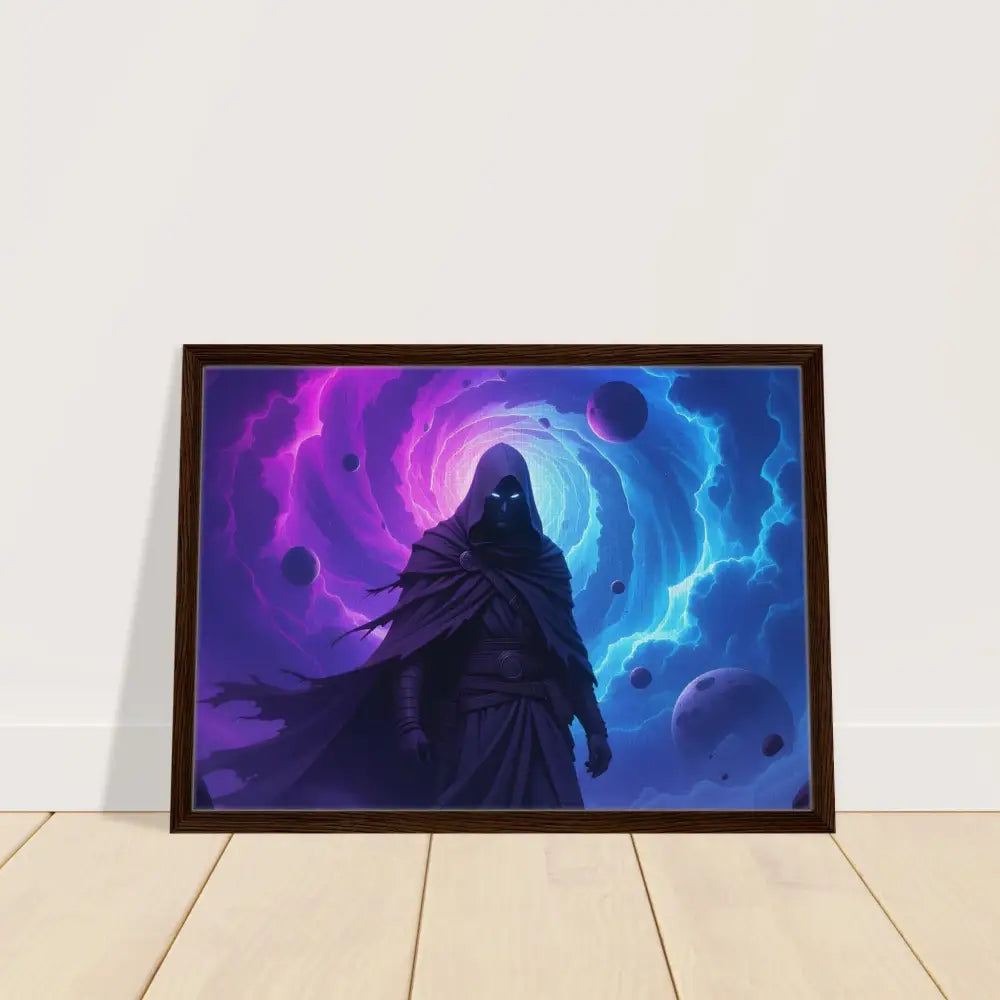 Framed fantasy art print of a cloaked figure from Voidwalker’s Gate Wall Art